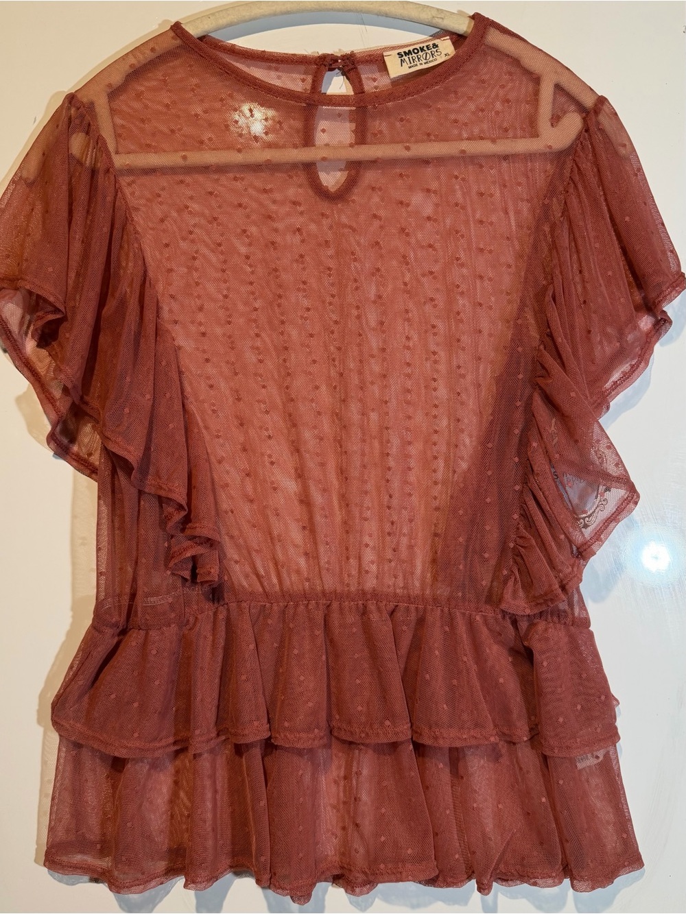 Smocked & Mellow Rust Sheer Ruffle Peplum Blouse